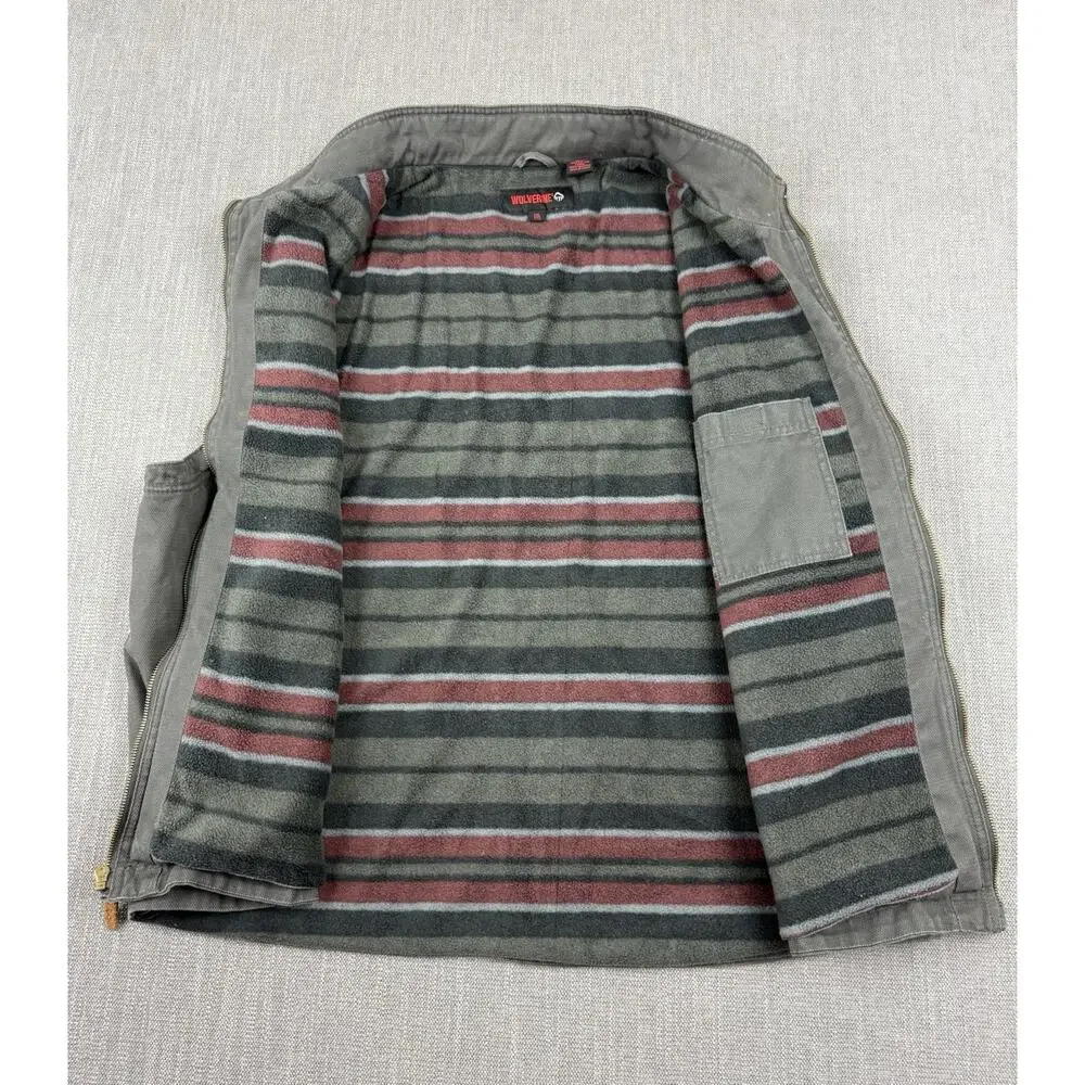 Wolverine Fleece Lined Work Vest Men’s XL Gray Full Zip Canvas Cotton Utility